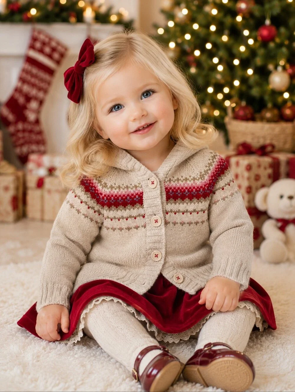 OSHKOSH Hooded Fair Isle Sweater Cardigan Baby 6 Mos Cream Red Wool Blend Y2K